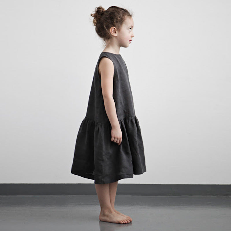 Girls Sleeveless Cotton Linen Dress – Soft Pleated Summer Dress for Kids 3–8 Years