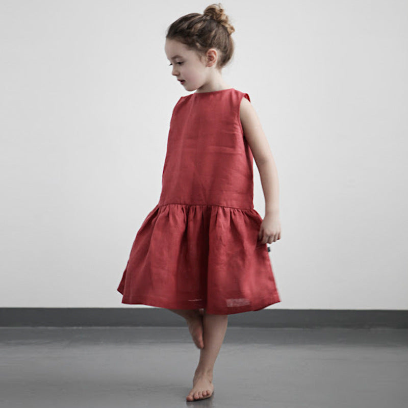 Girls Sleeveless Cotton Linen Dress – Soft Pleated Summer Dress for Kids 3–8 Years
