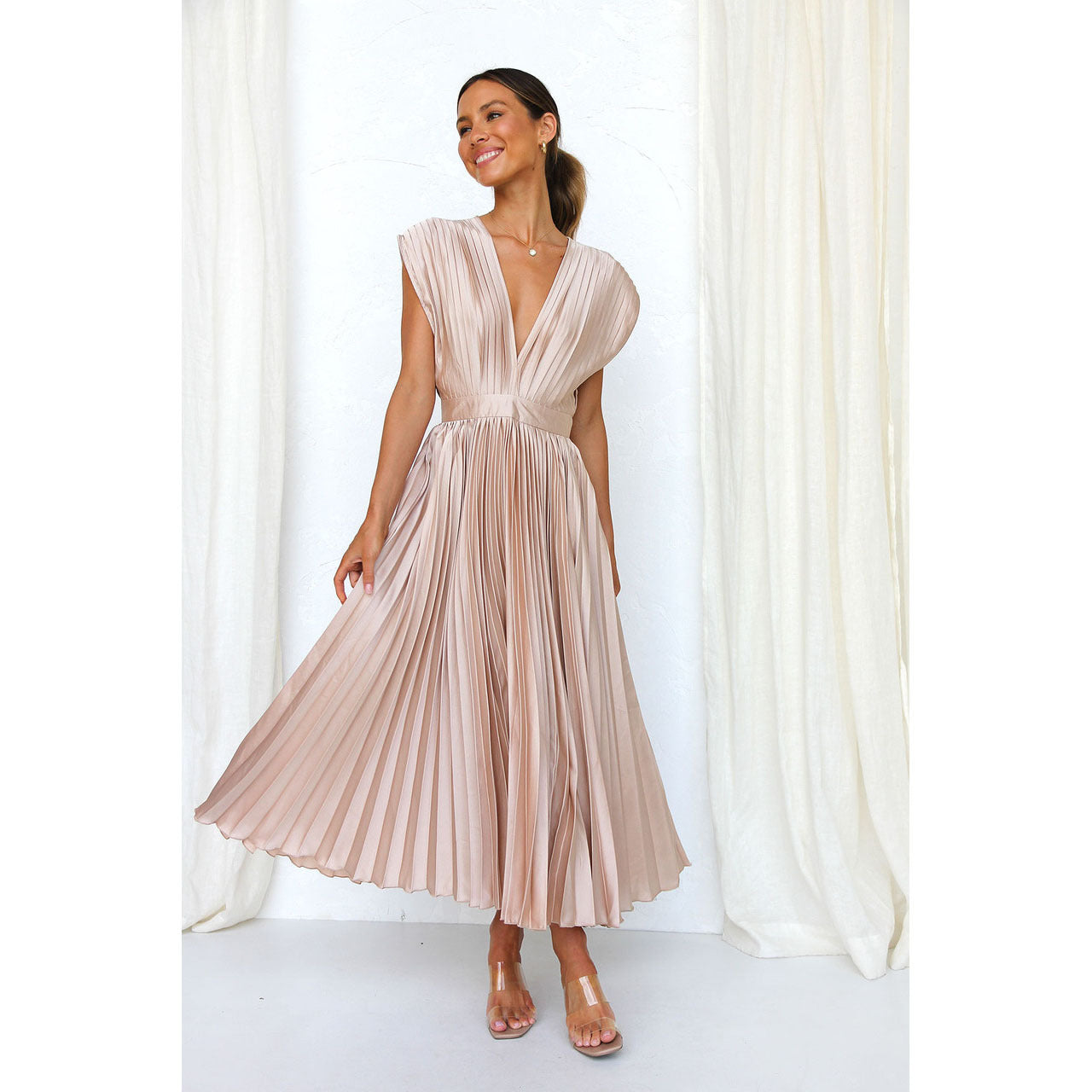 Summer V-neck Pleated Dress INS Fashion Casual Loose Zip Sleeveless Dresses For Women Clothing