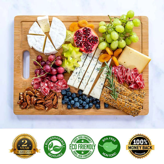 Extra Large Bamboo Cutting Board - 17x12.5 inch Wood Cutting Board for Meat, Cheese, Veggies - Wood Serving Tray with Juice Groove and 3 Compartments