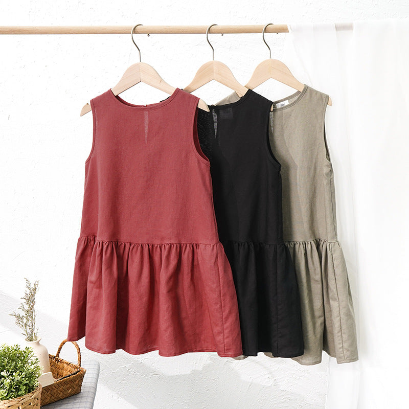 Girls Sleeveless Cotton Linen Dress – Soft Pleated Summer Dress for Kids 3–8 Years